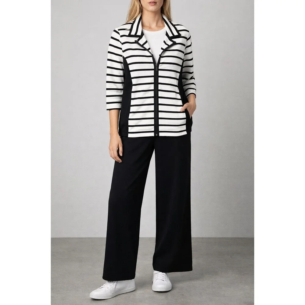 Karen Scott Sport Womens Petite XL Striped Zip‎ Front Jacket Black White